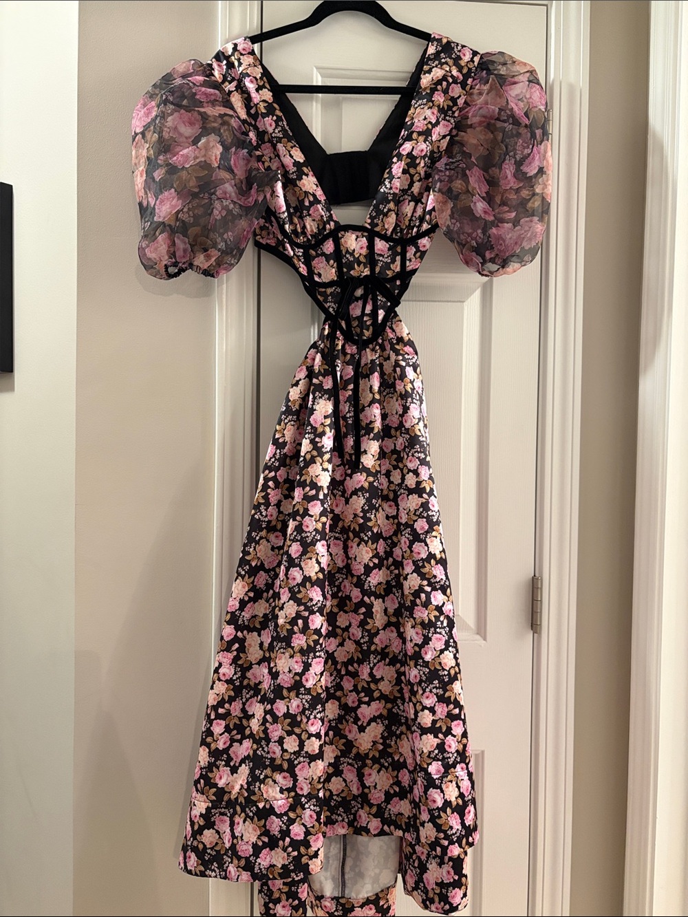 Dolls Kill Black Floral Puff Sleeve Midi Dress with Pink Roses